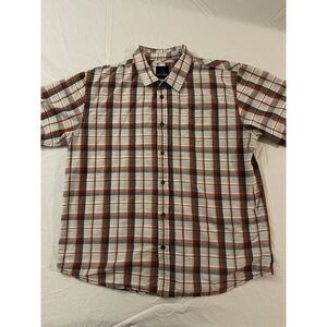 PrAna Button Front Shirt Pockets Brick Red‎ /Teal Plaid  Short Sleeve 2XL